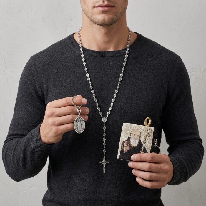 玫瑰念珠-圣本笃-锌合金-8mm（附钥匙扣和念珠包卡片） Catholic religious art