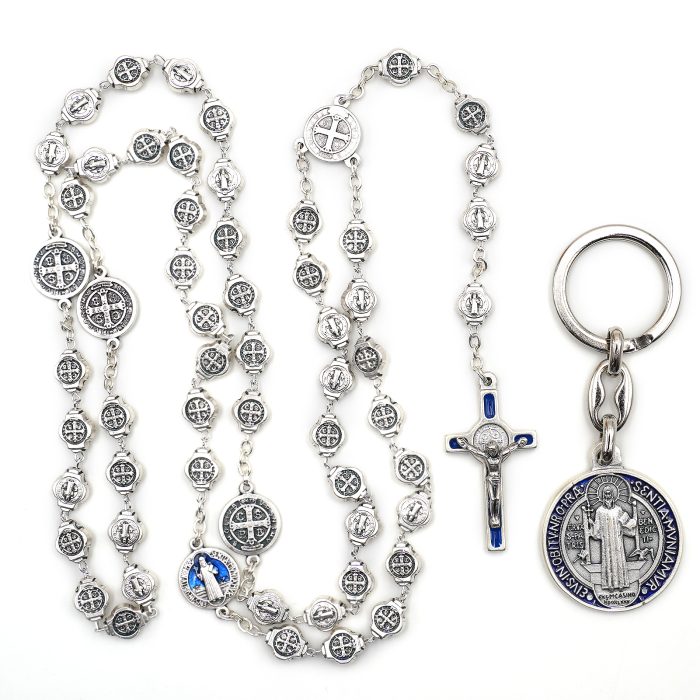 RL940-CONF 玫瑰念珠-圣本笃-蓝珐琅-锌合金-8mm(附钥匙扣和念珠盒卡片) Catholic religious art