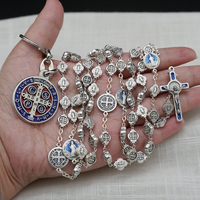 玫瑰念珠-圣本笃-蓝珐琅-锌合金-8mm（附钥匙扣和念珠盒卡片） Catholic religious art