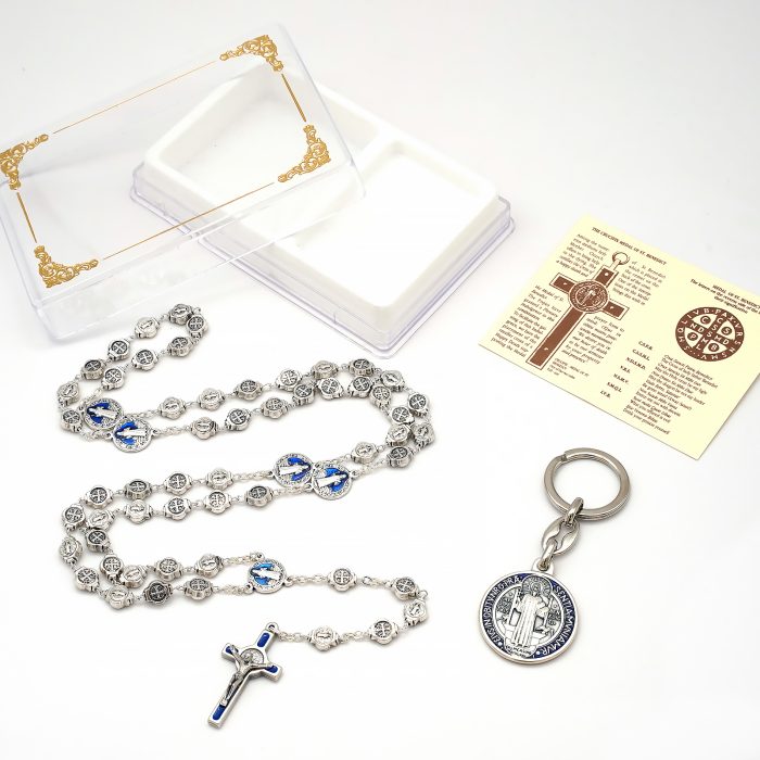 玫瑰念珠-圣本笃-蓝珐琅-锌合金-8mm（附钥匙扣和念珠盒卡片） Catholic religious art