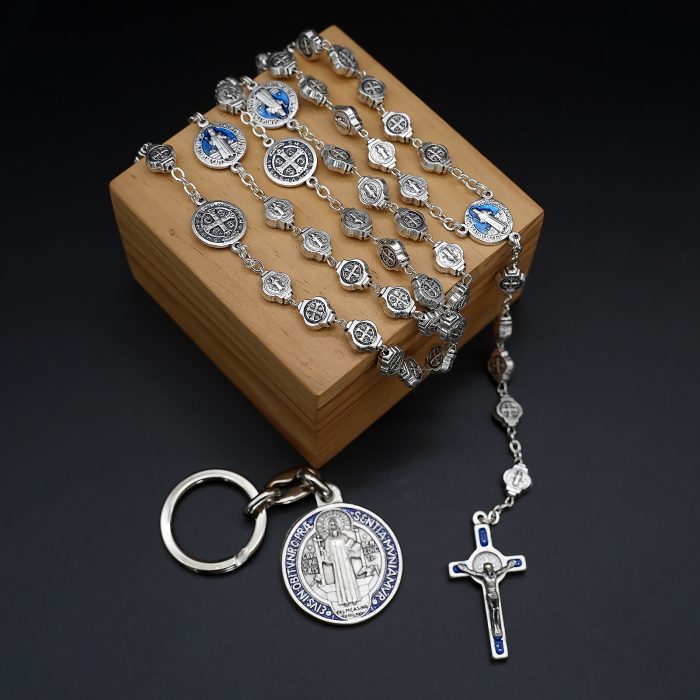 玫瑰念珠-圣本笃-蓝珐琅-锌合金-8mm（附钥匙扣和念珠盒卡片） Catholic religious art