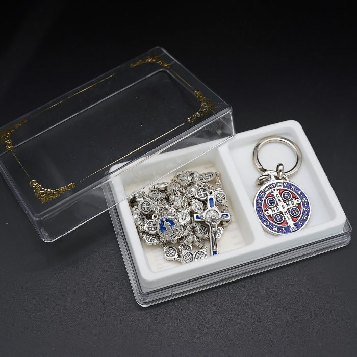 玫瑰念珠-圣本笃-蓝珐琅-锌合金-8mm（附钥匙扣和念珠盒卡片） Catholic religious art