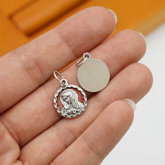 DIY小吊牌-七苦圣母-锌合金-镀银-红珐琅-1.4cm Catholic religious art