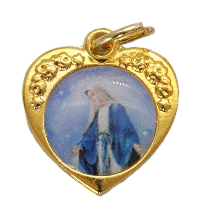 DIY小吊牌-心形带玫瑰花-锌合金-金色-单面树脂图-1.5cm Catholic religious art