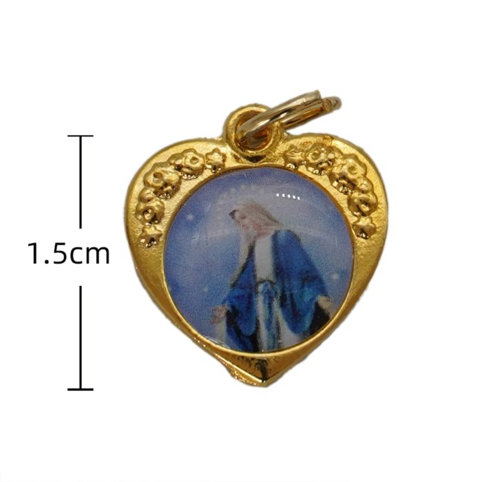 DIY小吊牌-心形带玫瑰花-锌合金-金色-单面树脂图-1.5cm Catholic religious art