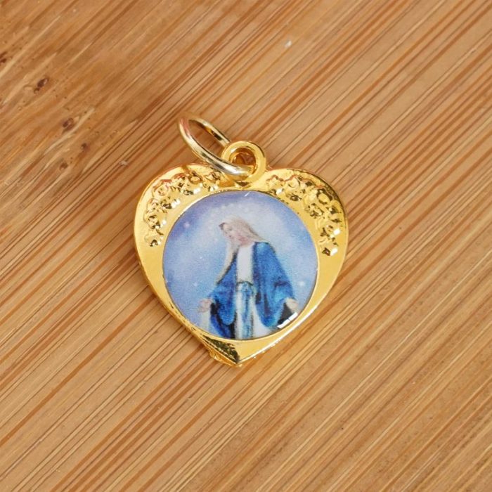 DIY小吊牌-心形带玫瑰花-锌合金-金色-单面树脂图-1.5cm Catholic religious art