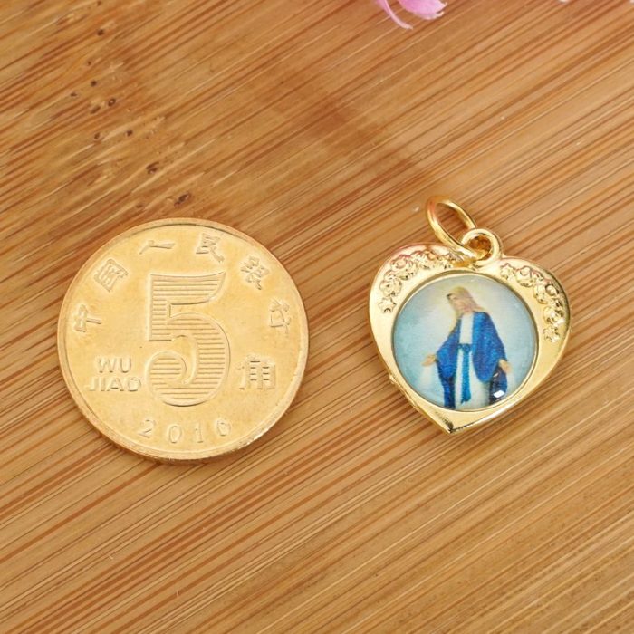 DIY小吊牌-心形带玫瑰花-锌合金-金色-单面树脂图-1.5cm Catholic religious art