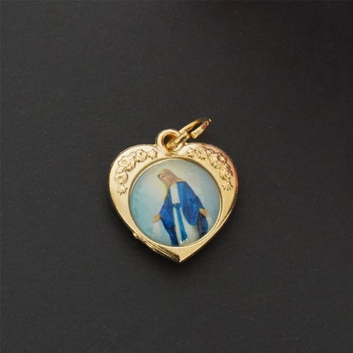 DIY小吊牌-心形带玫瑰花-锌合金-金色-单面树脂图-1.5cm Catholic religious art
