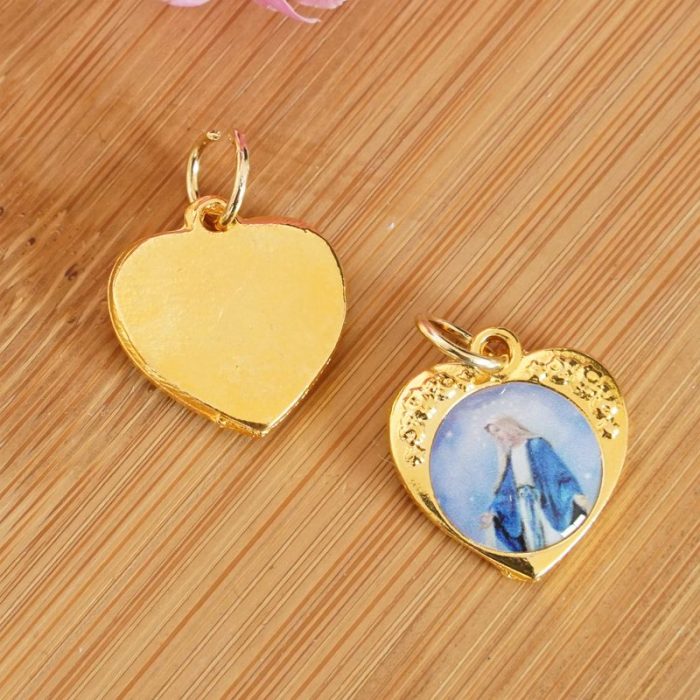 DIY小吊牌-心形带玫瑰花-锌合金-金色-单面树脂图-1.5cm Catholic religious art