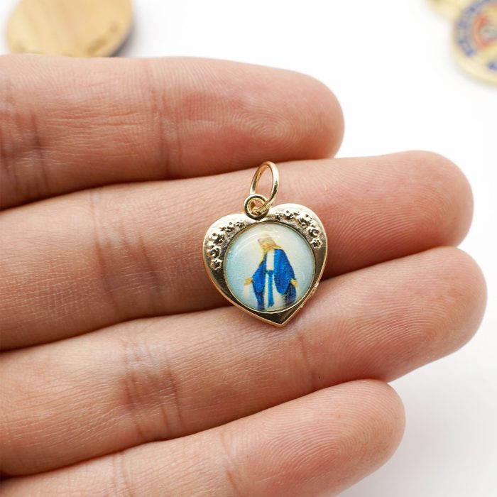 DIY小吊牌-心形带玫瑰花-锌合金-金色-单面树脂图-1.5cm Catholic religious art