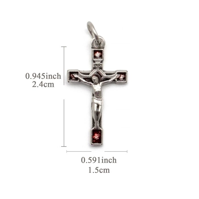 DIY十字架-带玫瑰花-锌合金-红色-2.4x1.5cm Catholic religious art