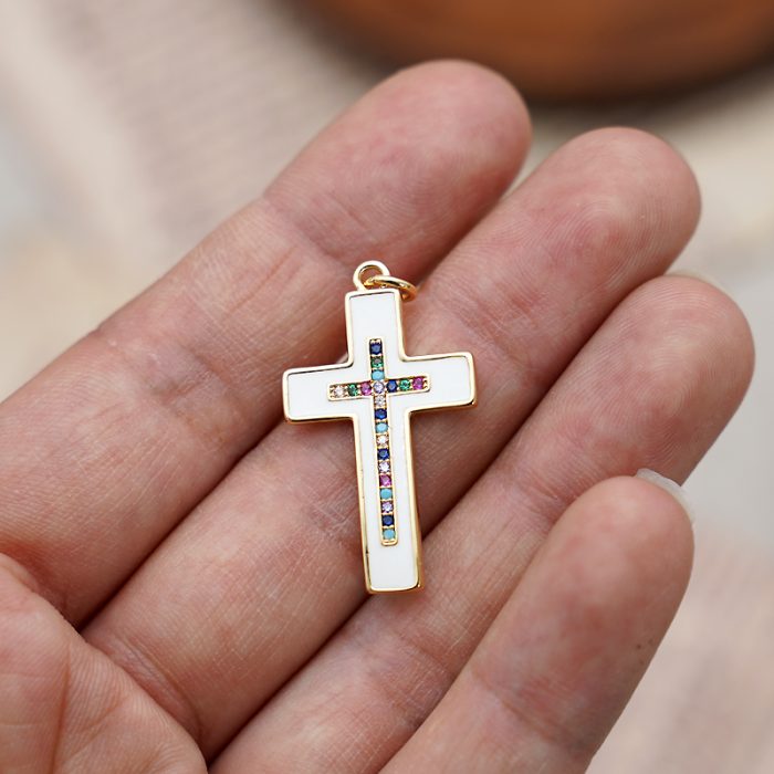 DIY十字架-彩钻白珐琅-黄铜-2.1x1.6cm Catholic religious art