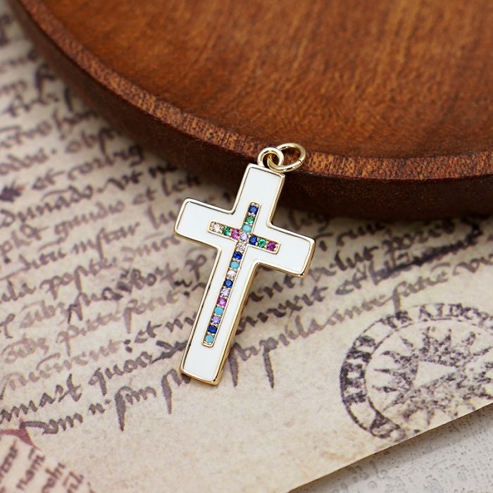 DIY十字架-彩钻白珐琅-黄铜-2.1x1.6cm Catholic religious art