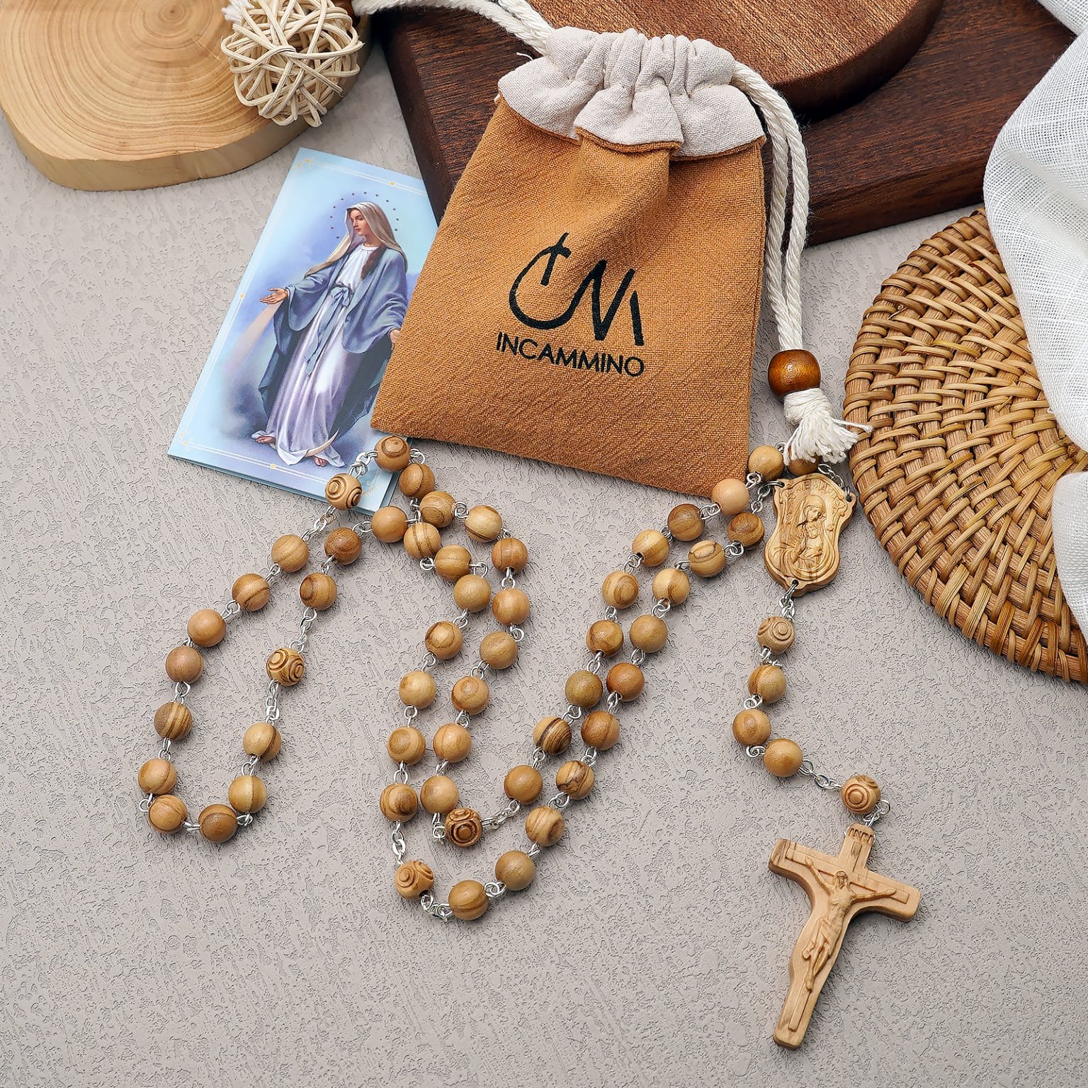 玫瑰念珠-万福圣母-橄榄木-链式（赠黄色抽绳念珠包）｜7/8mm