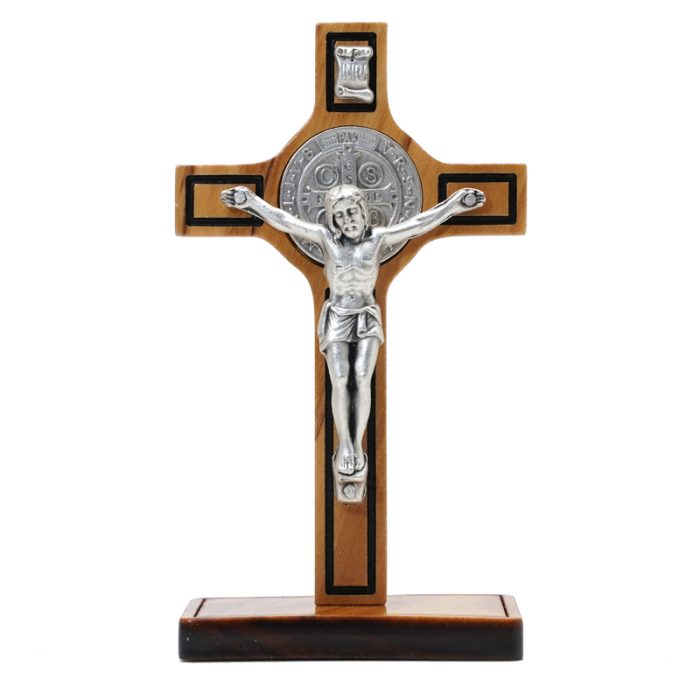 十字架-圣本笃-橄榄木制带底座带包装盒-8.5x5cm Catholic religious art