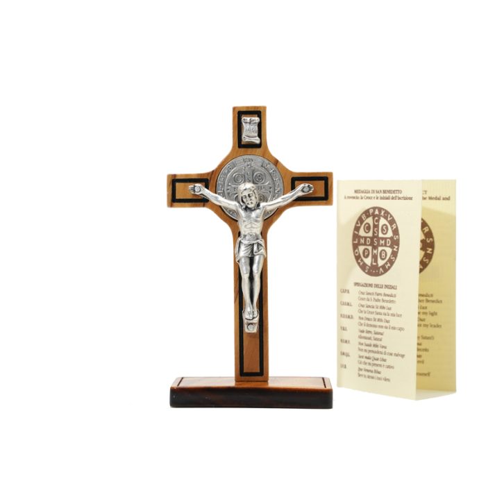 十字架-圣本笃-橄榄木制带底座带包装盒-8.5x5cm Catholic religious art