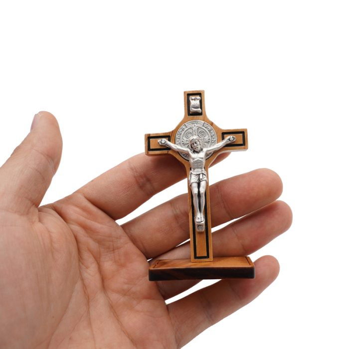 十字架-圣本笃-橄榄木制带底座带包装盒-8.5x5cm Catholic religious art