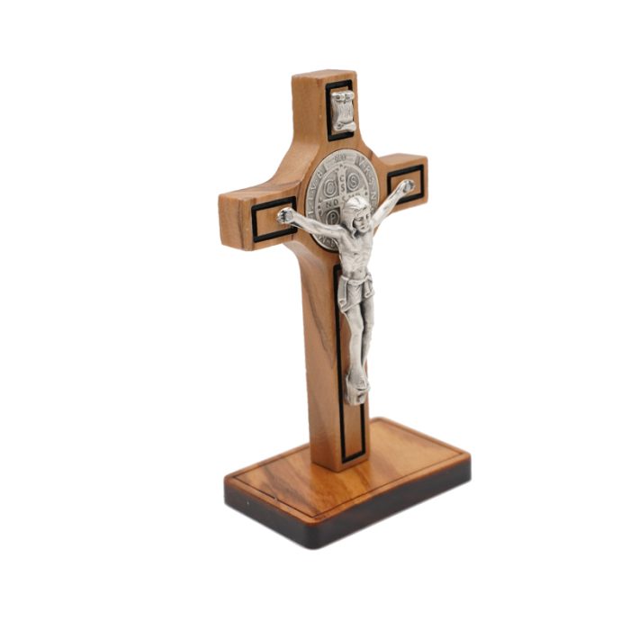 十字架-圣本笃-橄榄木制带底座带包装盒-8.5x5cm Catholic religious art