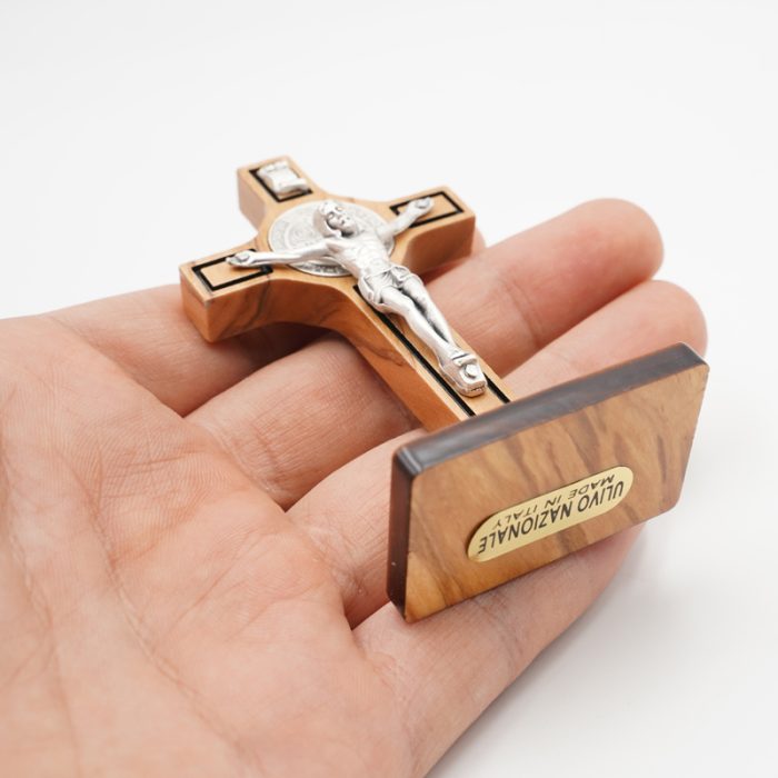 十字架-圣本笃-橄榄木制带底座带包装盒-8.5x5cm Catholic religious art