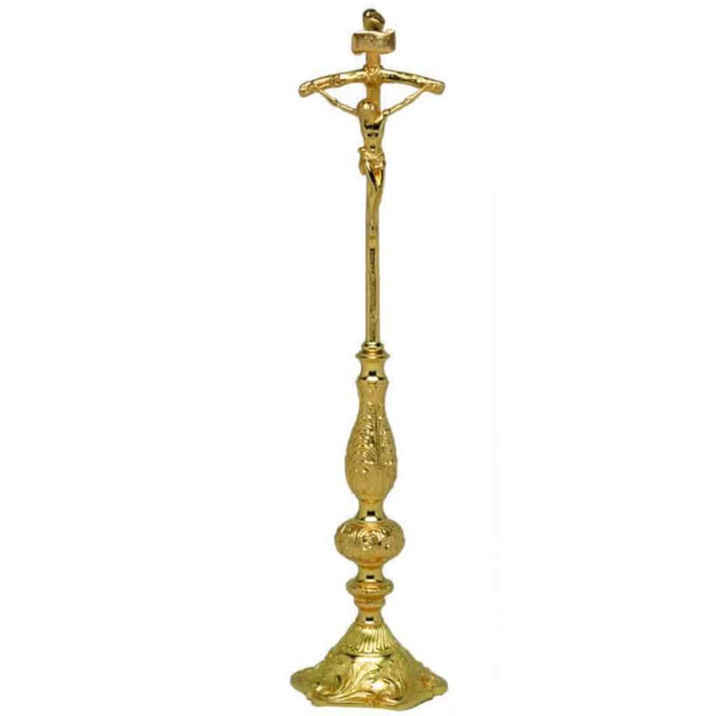 祭台十字架-叶纹装饰底座-黄铜-金色-高48cm