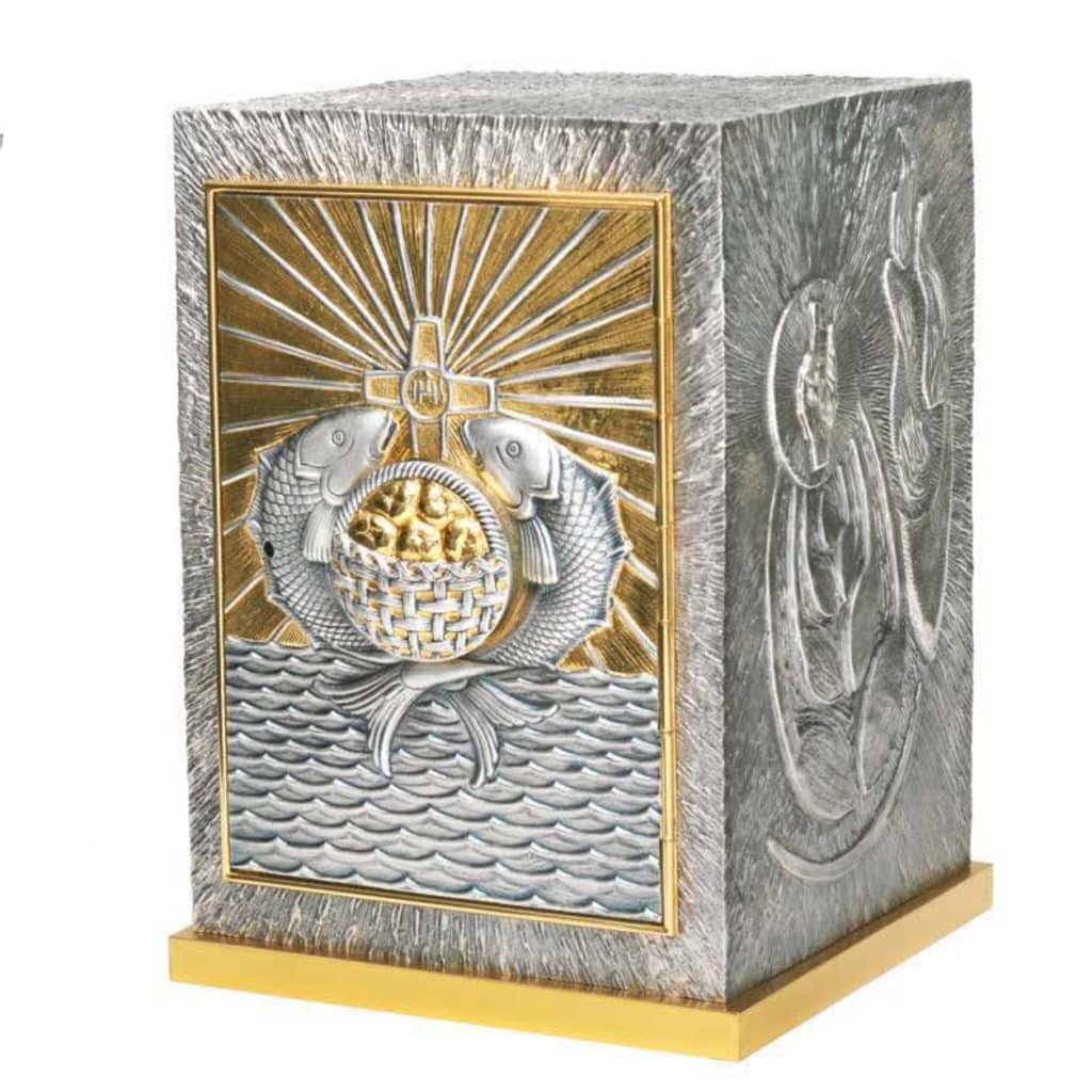 祭台式圣体柜-面包与鱼带圣体展示窗-青铜-银色-高46×宽33×深33cm
