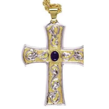 主教胸十字架吊坠-卷草纹蓝石中心-黄铜-9×7cm