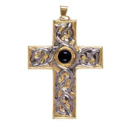 主教胸十字架吊坠-编织纹蓝石中心-黄铜-9×7cm