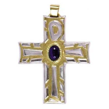 主教胸十字架吊坠-放射造型蓝石-黄铜-9×7cm