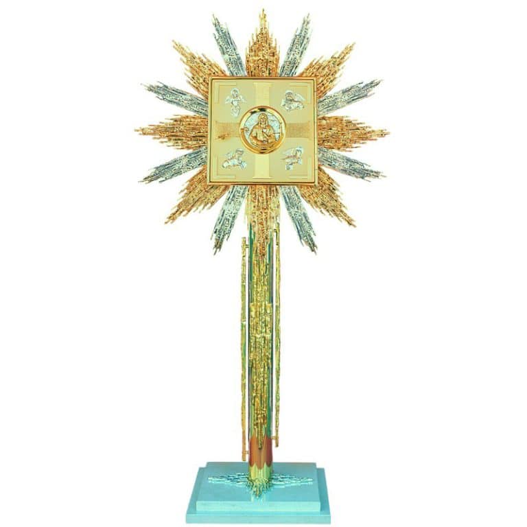 壁挂式双色黄铜铸造圣体龛（银/金），带展示，门尺寸29x29厘米，内盒29x29x26厘米，放射线75x75厘米