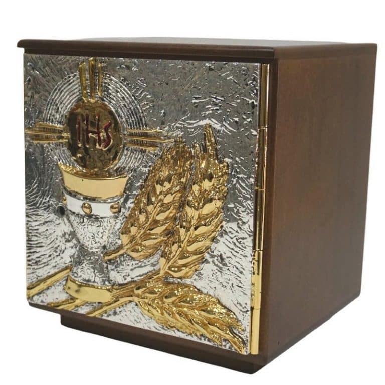带木盒和铸造门的圣体龛，带圣爵图案，门尺寸22x22厘米，内盒22x22x22厘米