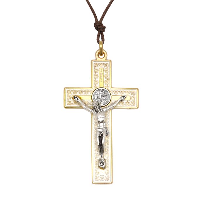 配件十字架-圣本笃-带装饰图案-金色-珐琅处理-7.5x4.2cm-白色 Catholic religious art