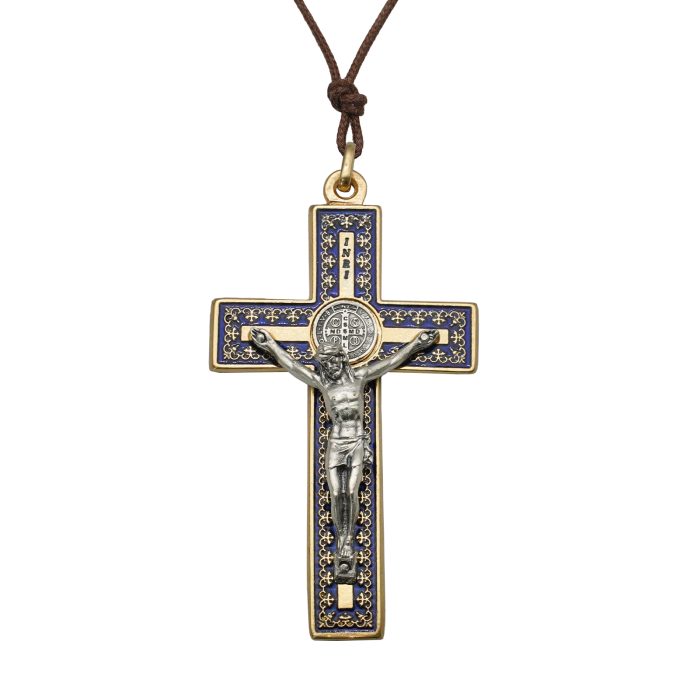 十字架-圣本笃-带装饰图案-金色-珐琅处理-带圈-蓝色-7.5x4.2cm Catholic religious art
