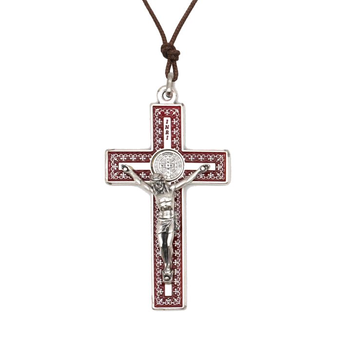 配件十字架-圣本笃-带装饰图案-镀银-珐琅处理-7.5x4.2cm-红色 Catholic religious art
