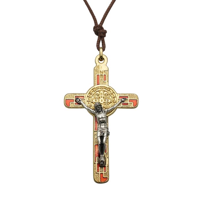 合金圣本笃十字架-金色-红珐琅-带包装盒-7.5x4.5cm Catholic religious art