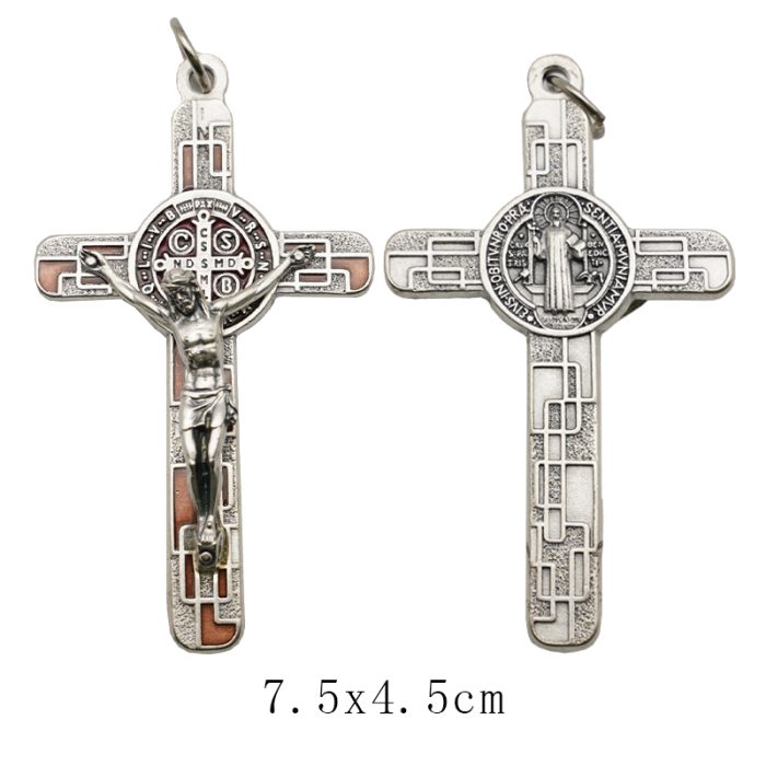 十字架-圣本笃-锌合金-镀银-珐琅处理-7.5x4.5cm-带包装盒-棕色 Catholic religious art