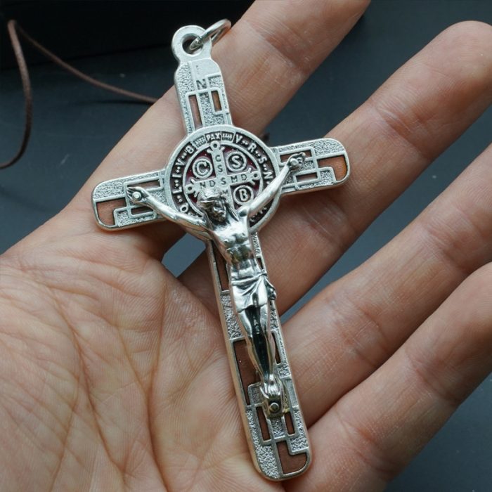 十字架-圣本笃-锌合金-镀银-珐琅处理-7.5x4.5cm-带包装盒-棕色 Catholic religious art