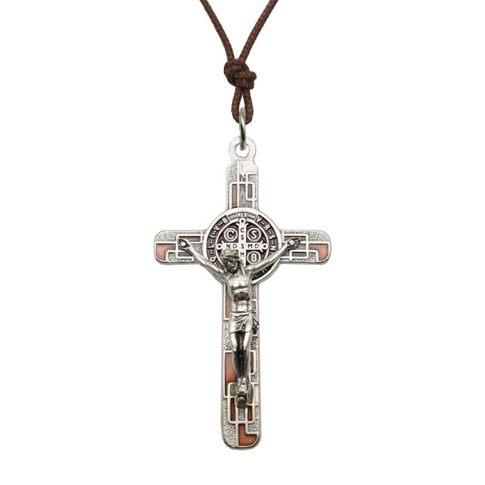 十字架-圣本笃-锌合金-镀银-珐琅处理-7.5x4.5cm-带包装盒-棕色 Catholic religious art