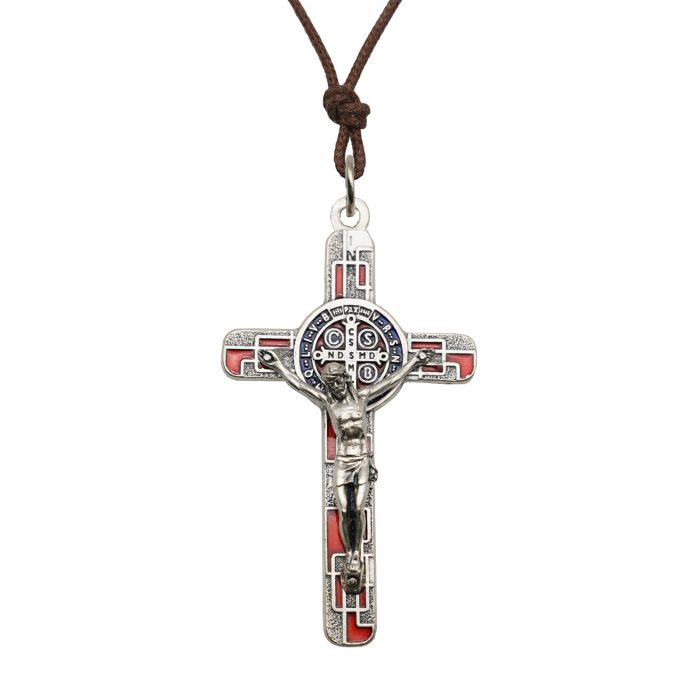 合金圣本笃十字架-镀银-珐琅处理-带包装盒-7.5x4.5cm-红色 Catholic religious art