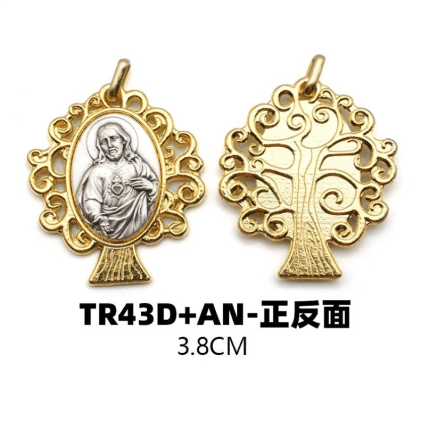 DIY小吊牌-耶稣圣心+生命树-锌合金-镀金-3.8cm