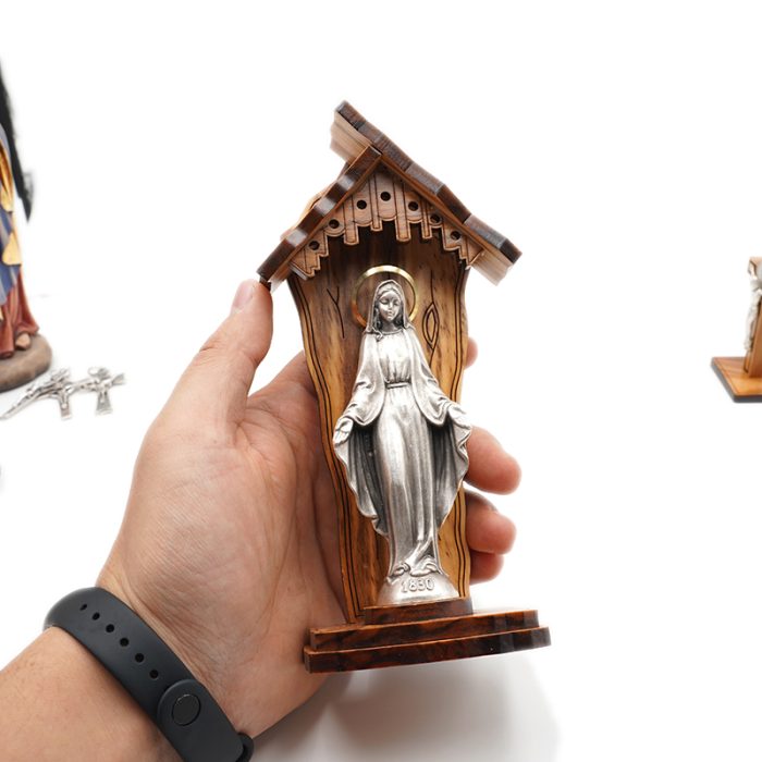 钟楼-橄榄木-带镀银合金雕像-无染原罪-17.5x8.5cm Catholic religious art