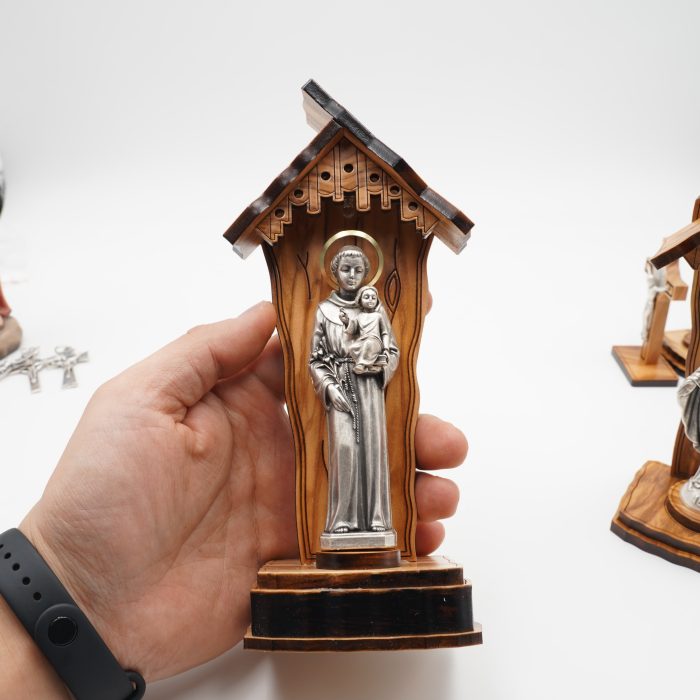 钟楼-橄榄木-带镀银合金雕像-安多尼-19x8.5cm Catholic religious art