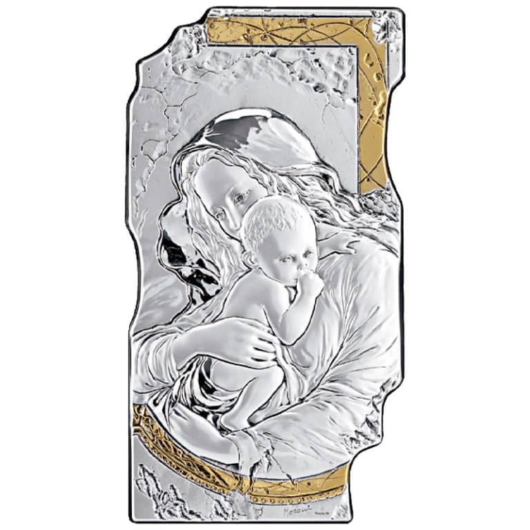 仿壁画银圣像-圣母抱耶稣-金色挂钩-12x7cm