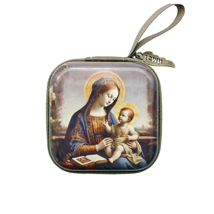 金属念珠包-古典圣母抱子 (Madonna and Child)-拉链款-7x7cm厚度3.3cm Catholic religious art