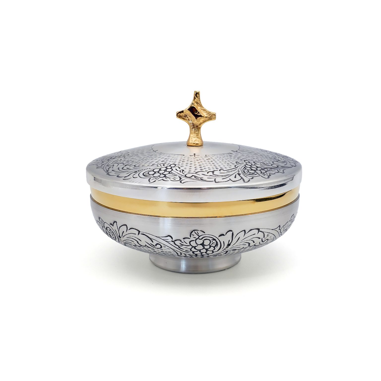 Patena + cover - Grapes Motif - Hand-chiselled - Silver - H11xØ13cm
