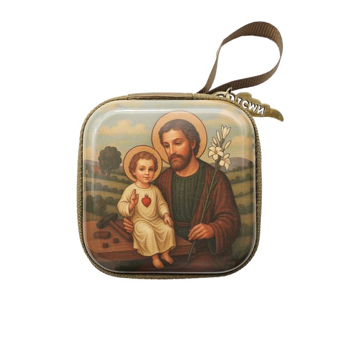 金属念珠包-若瑟抱耶稣 (St. Joseph with Child Jesus)-拉链款-7x7cm厚度3.3cm Catholic religious art