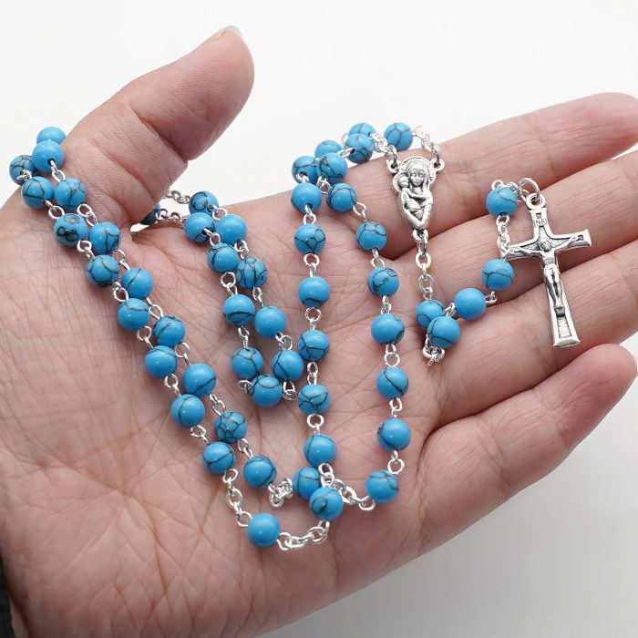 玫瑰念珠-圣母抱YS-耶稣圣心-蓝松石6mm送念珠包 Catholic religious art