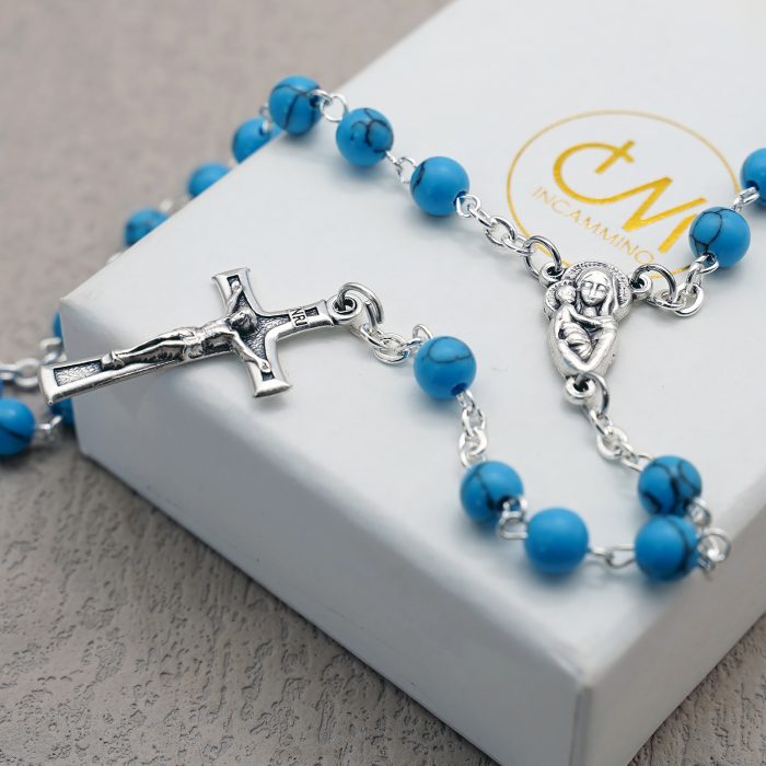 玫瑰念珠-圣母抱YS-耶稣圣心-蓝松石6mm送念珠包 Catholic religious art