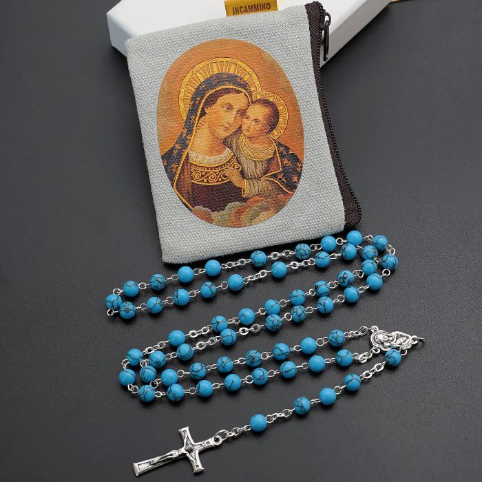 玫瑰念珠-圣母抱YS-耶稣圣心-蓝松石6mm送念珠包 Catholic religious art