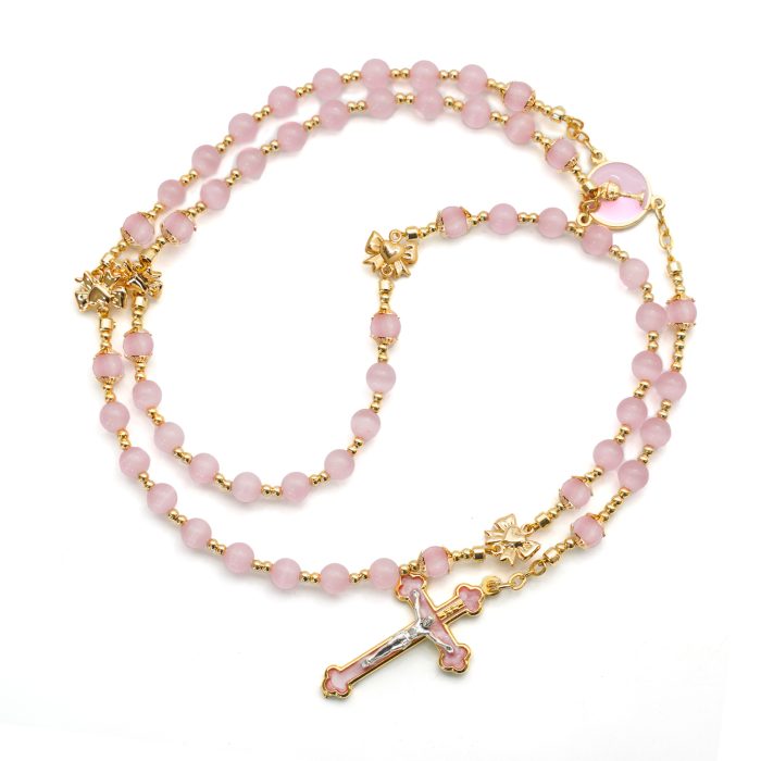 玫瑰念珠-圣爵蝴蝶结-粉水晶/粉水晶-6mm送念珠包 Catholic religious art