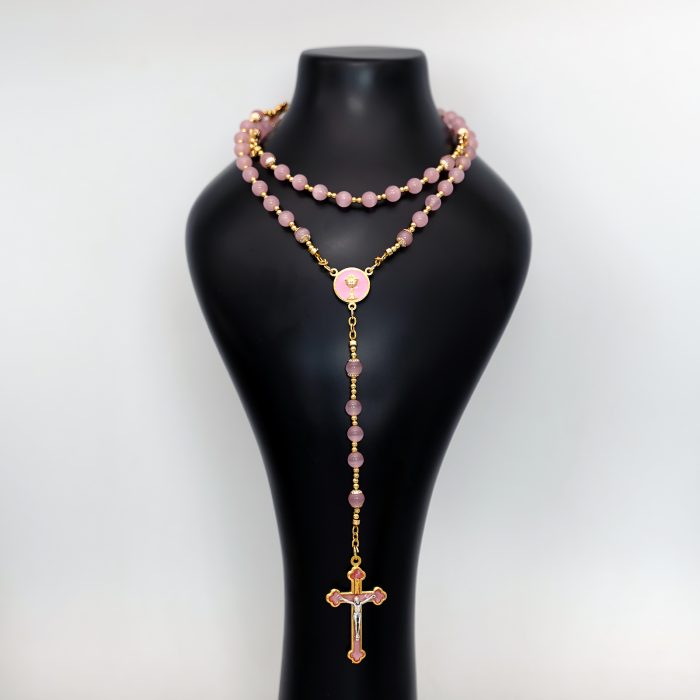 玫瑰念珠-圣爵蝴蝶结-粉水晶/粉水晶-6mm送念珠包 Catholic religious art